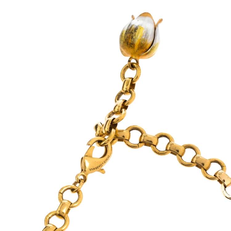 مملوكة مسبقًا Dolce & Gabbana Multicolor Tulip Enamel Crystal Charm Gold Tone Necklace