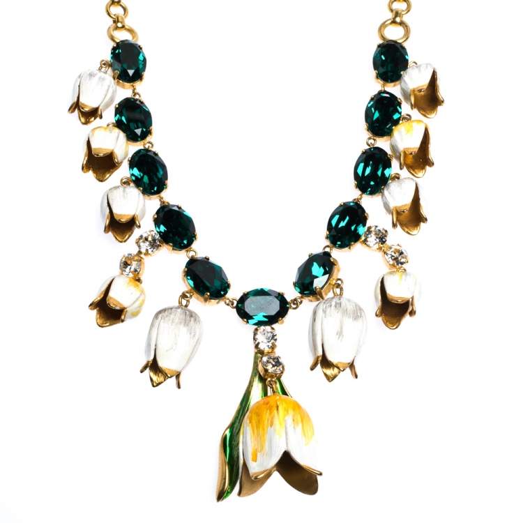 مملوكة مسبقًا Dolce & Gabbana Multicolor Tulip Enamel Crystal Charm Gold Tone Necklace