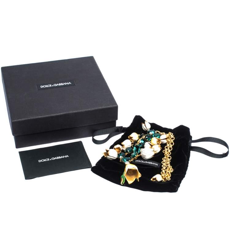 مملوكة مسبقًا Dolce & Gabbana Multicolor Tulip Enamel Crystal Charm Gold Tone Necklace