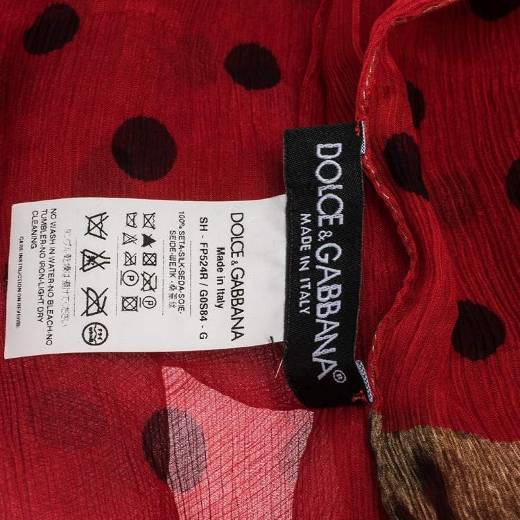 Pre Owned Dolce & Gabbana Red & Black Polka Dot Crinkled Chiffon Scarf