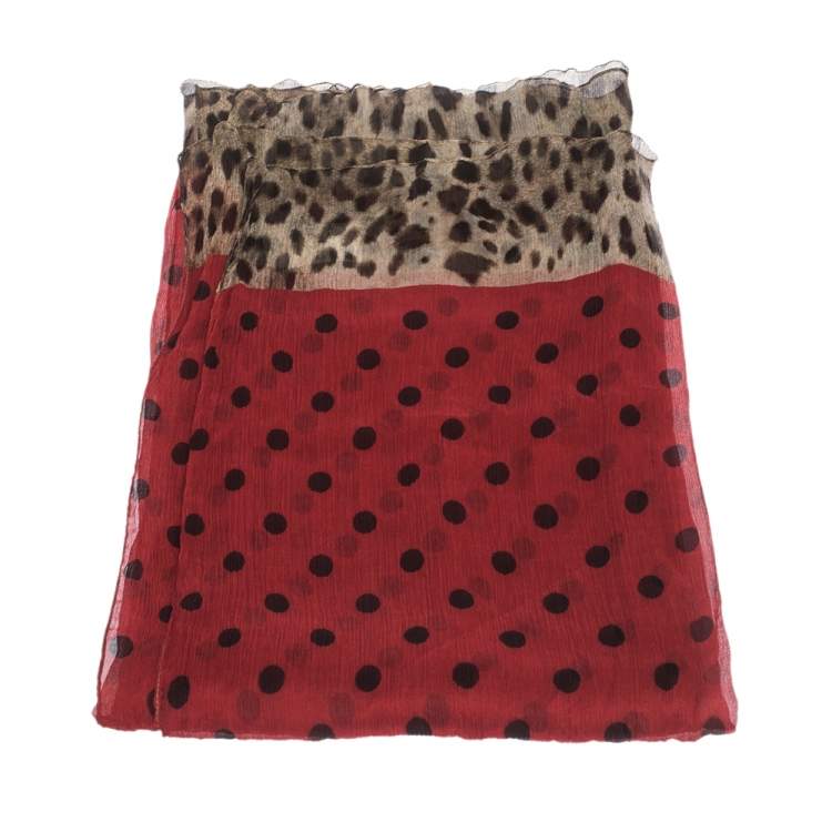 Pre Owned Dolce & Gabbana Red & Black Polka Dot Crinkled Chiffon Scarf