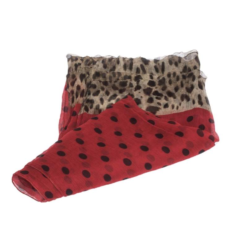 Pre Owned Dolce & Gabbana Red & Black Polka Dot Crinkled Chiffon Scarf