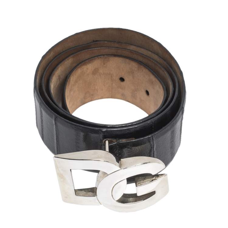 Pre Owned Dolce & Gabbana Black Leather Logo Buckle Belt 95CM