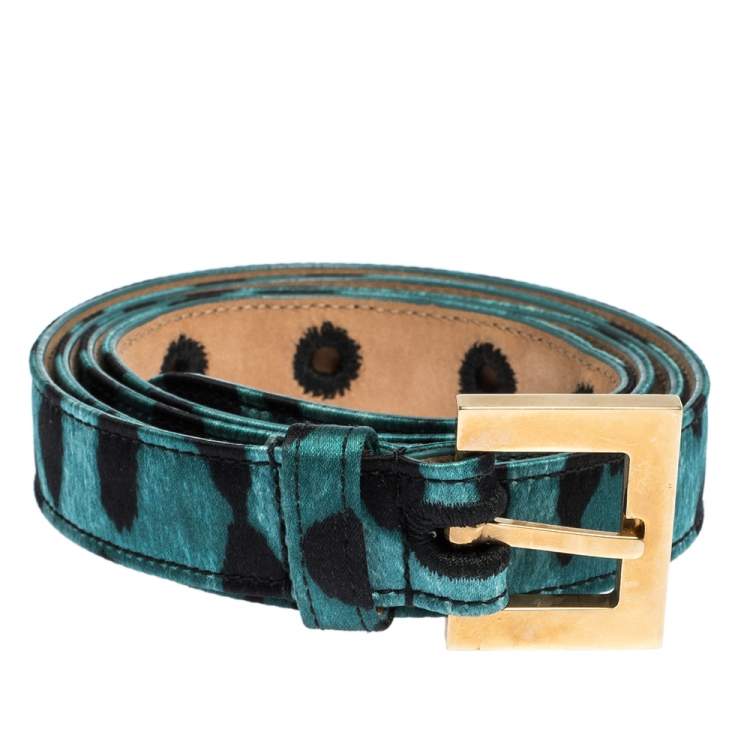 Pre Owned Dolce & Gabbana Green/Black Leopard Print Satin Buckle Belt 90 CM