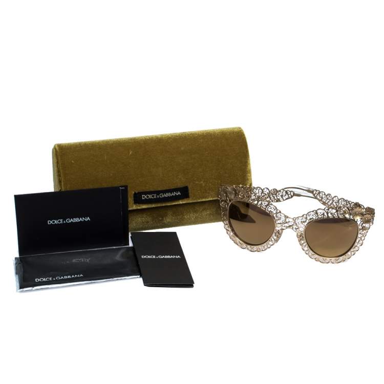 مملوكة مسبقًا Dolce & Gabbana Gold/Gold Mirrored DG2134 Filigrana Cat Eye Sunglasses