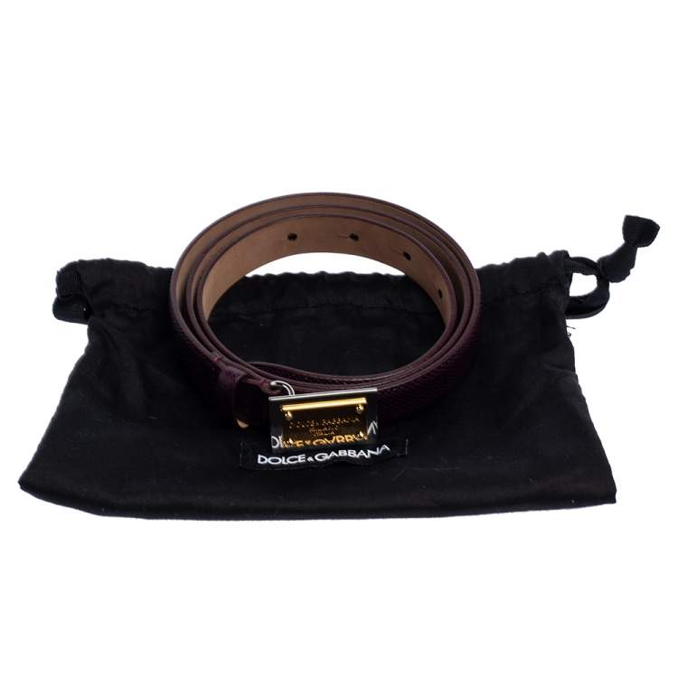Pre Owned Dolce & Gabbana Plum Grained Leather Logo Plaque Buckle Belt 90CM