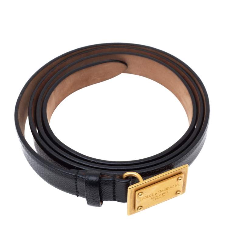 Pre Owned Dolce & Gabbana Black Leather Logo Plague Slim Belt 100CM