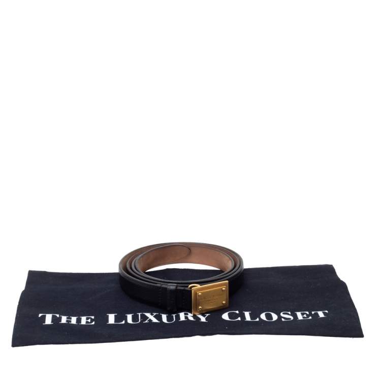 Pre Owned Dolce & Gabbana Black Leather Logo Plague Slim Belt 100CM