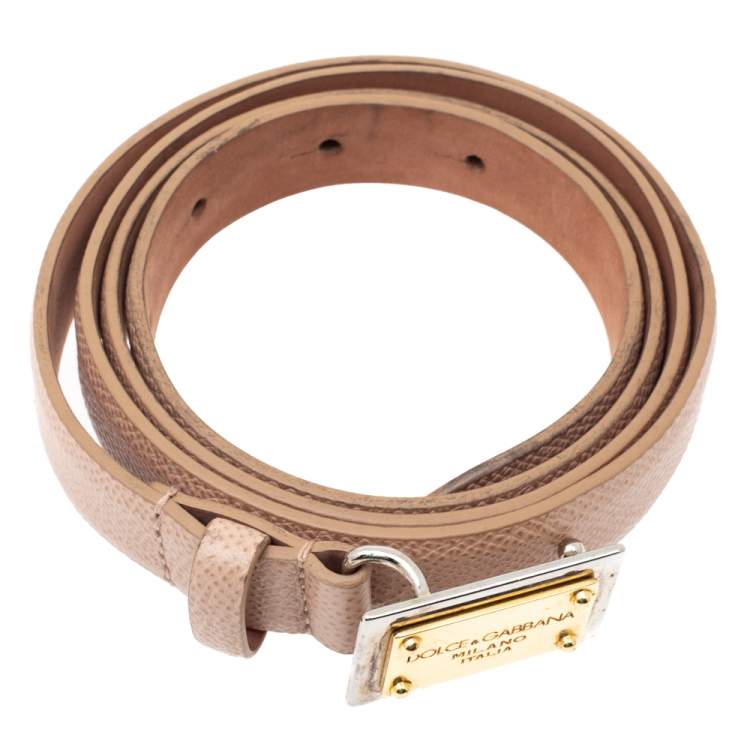Pre Owned Dolce & Gabbana Beige Grained Leather Logo Plaque Belt 95CM