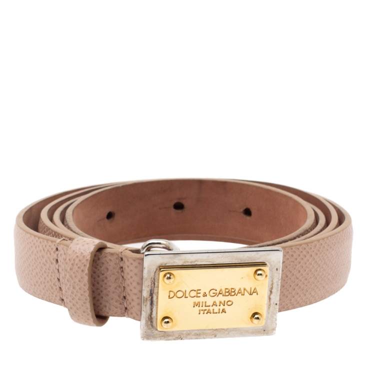 Pre Owned Dolce & Gabbana Beige Grained Leather Logo Plaque Belt 95CM