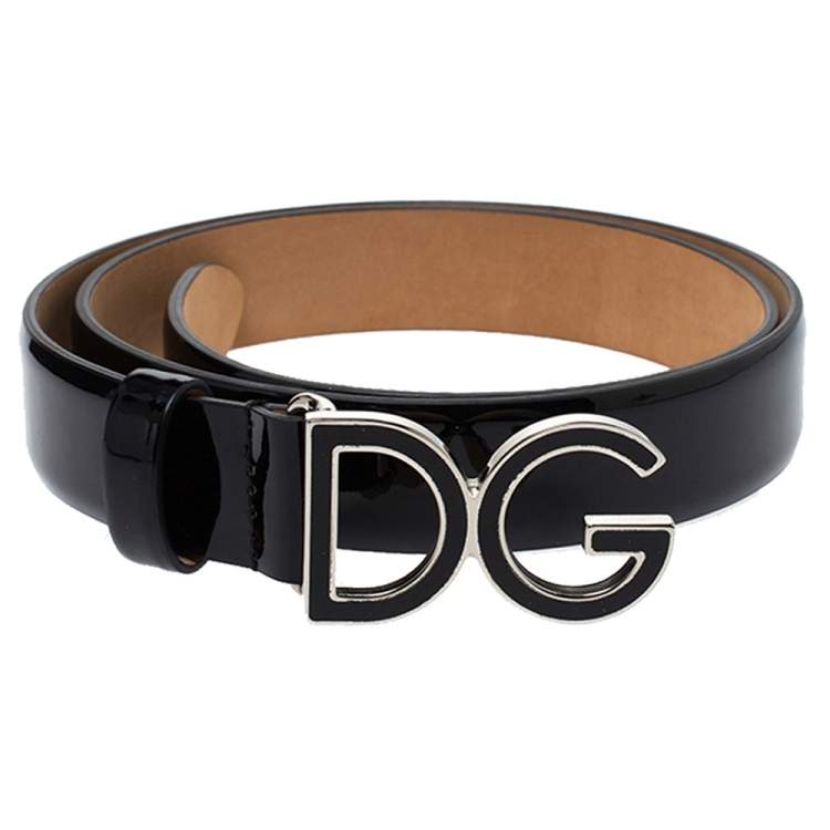 Pre Owned Dolce & Gabbana Black Patent Leather DG Buckle Belt Size 75 CM