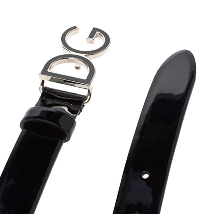 Pre Owned Dolce & Gabbana Black Patent Leather DG Buckle Belt Size 75 CM