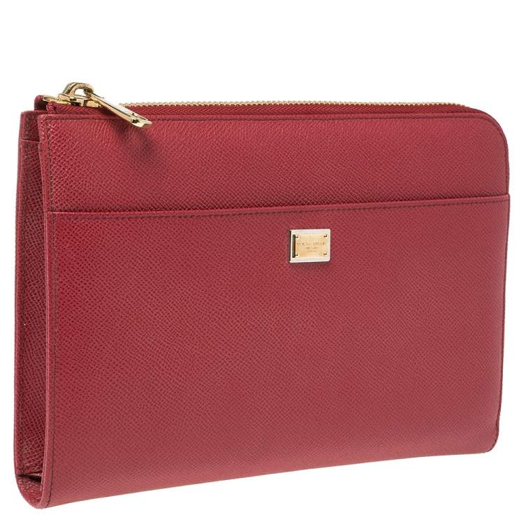 Pre Owned Dolce & Gabbana Red Grained Leather Zip iPad Case