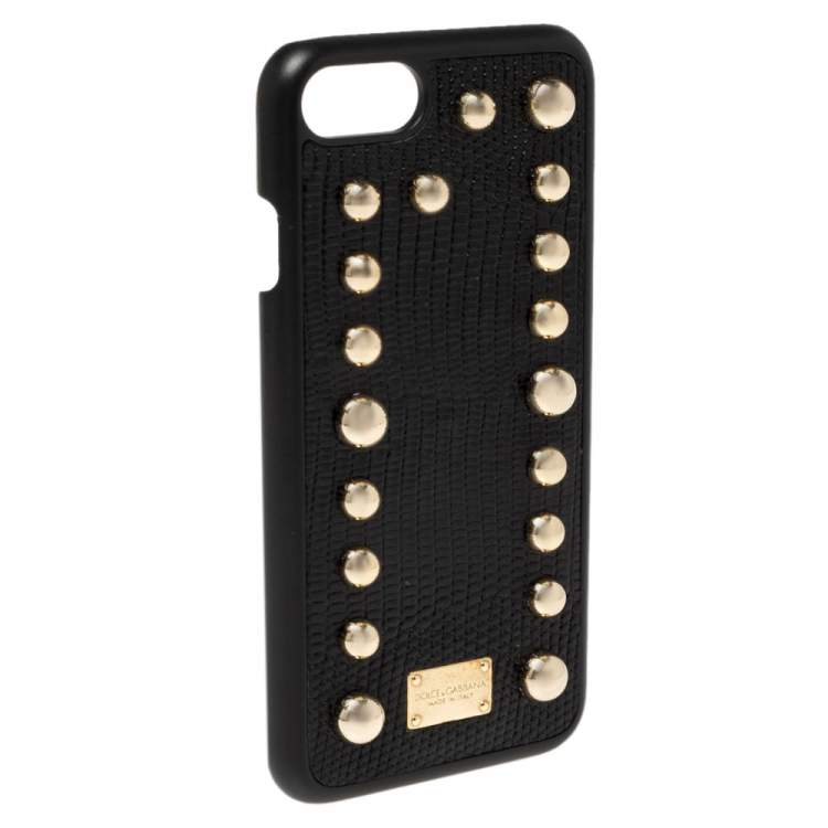 مملوكة مسبقًا Dolce & Gabbana Black Lizard Embossed Leather Studded iPhone 7 Cover