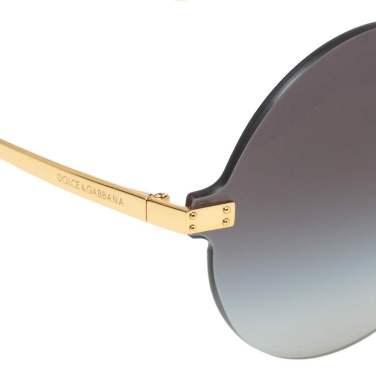 Pre Owned Dolce & Gabbana Gold Tone/ Grey Gradient Logo Plaque Round Sunglasses