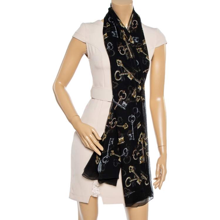 Pre Owned Dolce & Gabbana Black Key Print Chiffon Silk Scarf