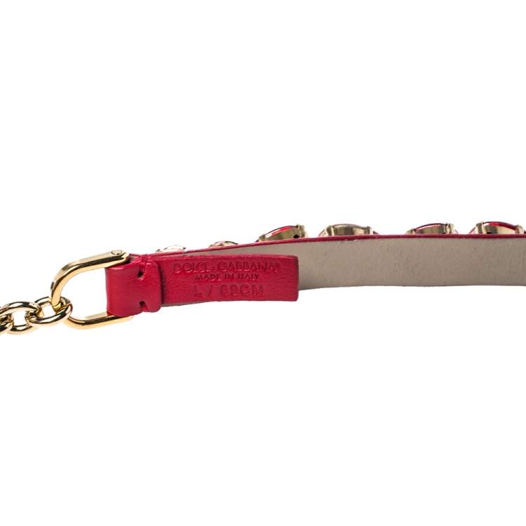Pre Owned Dolce & Gabbana Red Leather Resin Crystal Gold Tone Chain Belt L