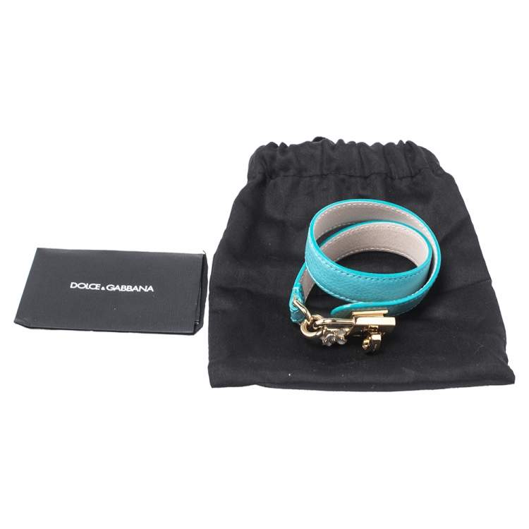 Pre Owned Dolce & Gabbana Teal Leather Lock Motif Gold Tone Wrap Bracelet