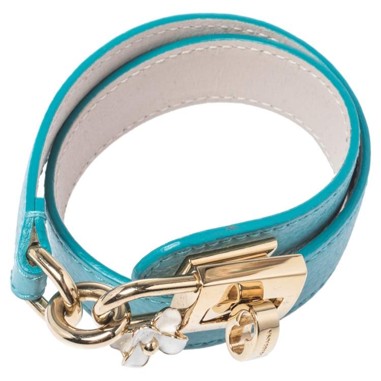 Pre Owned Dolce & Gabbana Teal Leather Lock Motif Gold Tone Wrap Bracelet