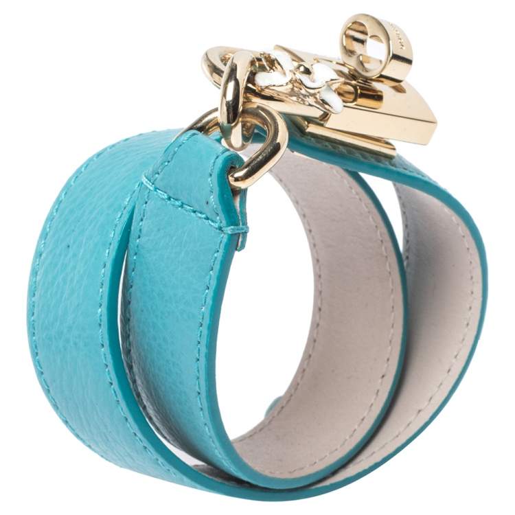 Pre Owned Dolce & Gabbana Teal Leather Lock Motif Gold Tone Wrap Bracelet