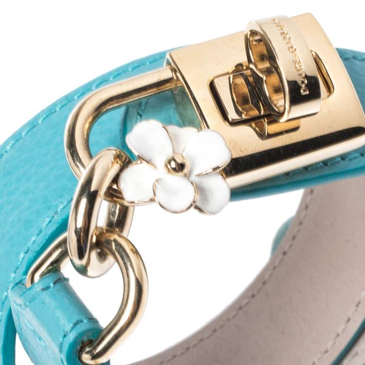 Pre Owned Dolce & Gabbana Teal Leather Lock Motif Gold Tone Wrap Bracelet