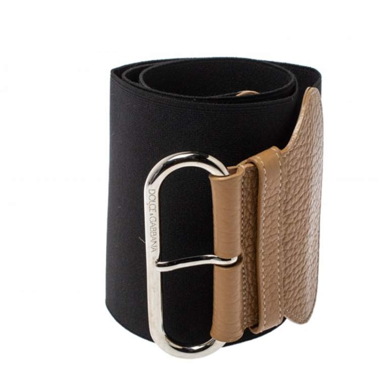 Pre Owned Dolce & Gabbana Black/Beige Elastic Band And Leather Waist Belt 90 CM
