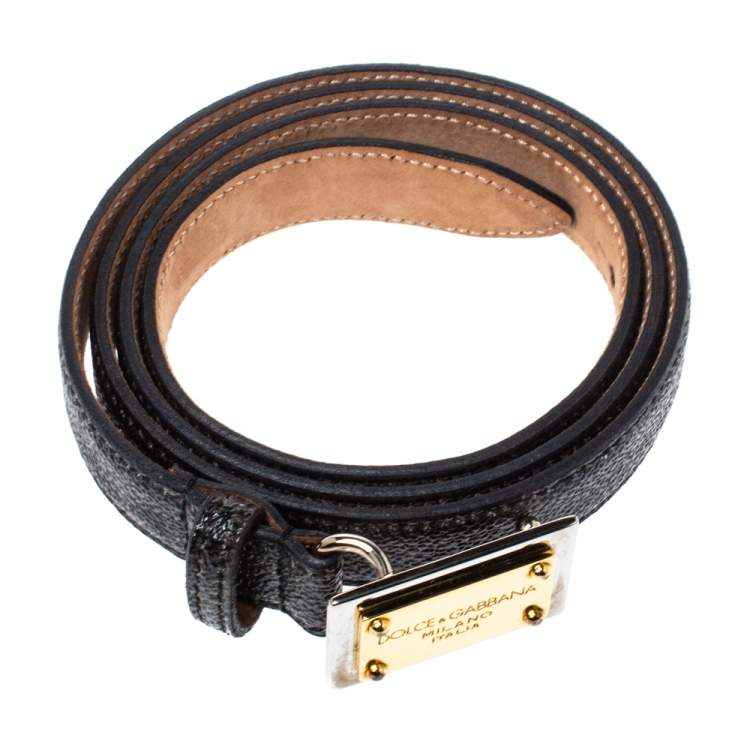 Pre Owned  Dolce & Gabbana Grey Leopard Print Leather Logo Plaque Belt 80CM