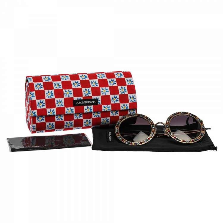 Pre Owned Dolce & Gabbana Gold Gradient Mambo Capri DG2170 Jewel Embellished Round Sunglasses