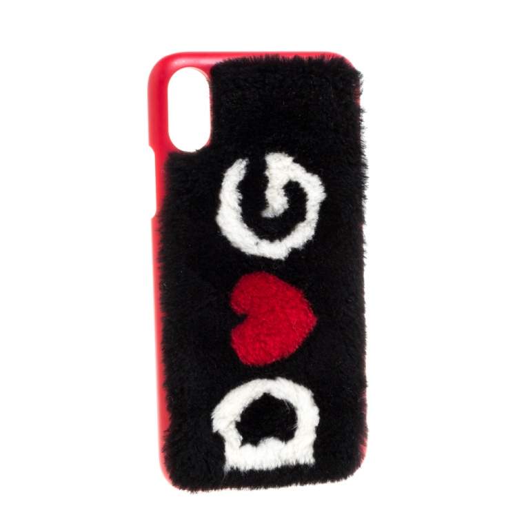 Pre Owned Dolce & Gabbana Black/Red Fur Logo Plaque iPhone X Cover