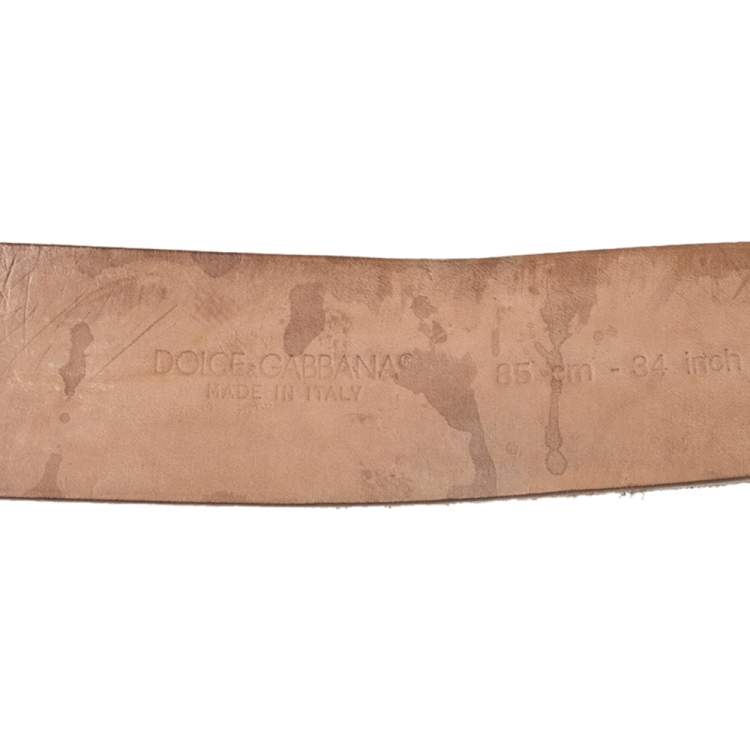 Pre Owned Dolce & Gabbana White/Tan Leather Logo Studded Leather Waist Belt 85CM