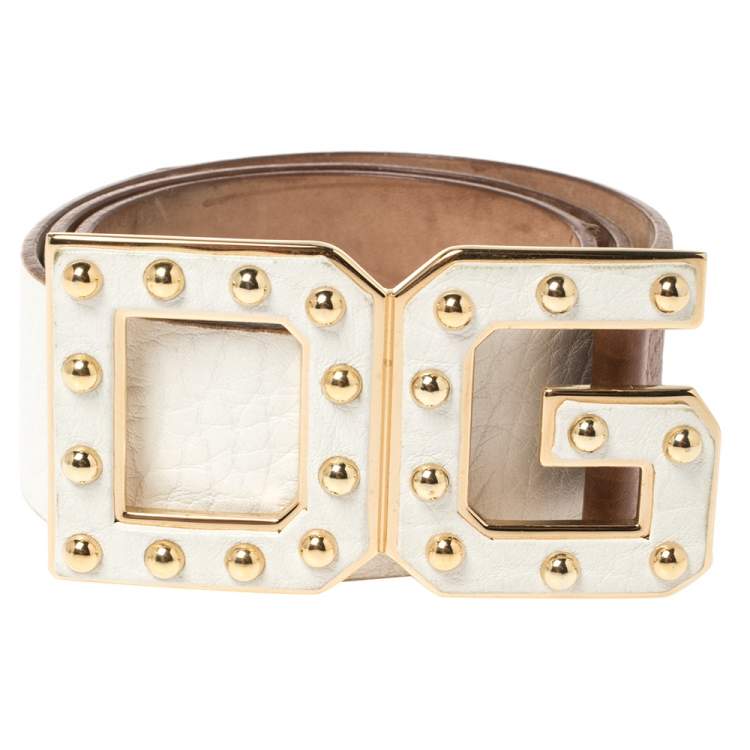Pre Owned Dolce & Gabbana White/Tan Leather Logo Studded Leather Waist Belt 85CM