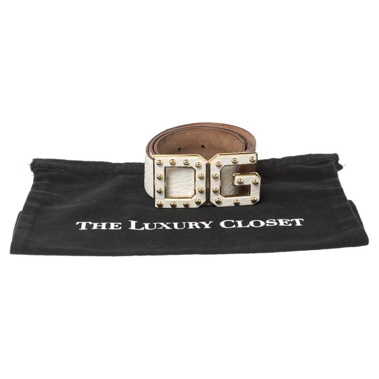 Pre Owned Dolce & Gabbana White/Tan Leather Logo Studded Leather Waist Belt 85CM