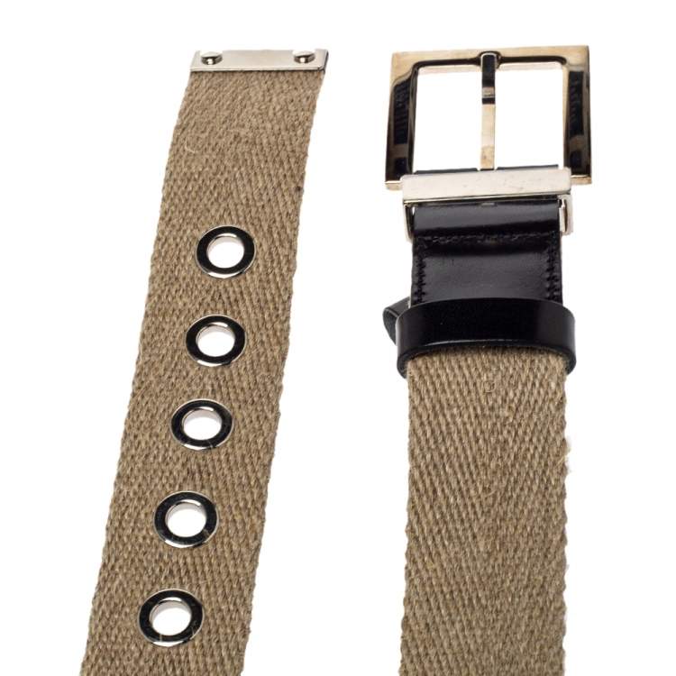 Pre Owned Dolce & Gabbana Beige Canvas Plaque Detail Belt 75CM