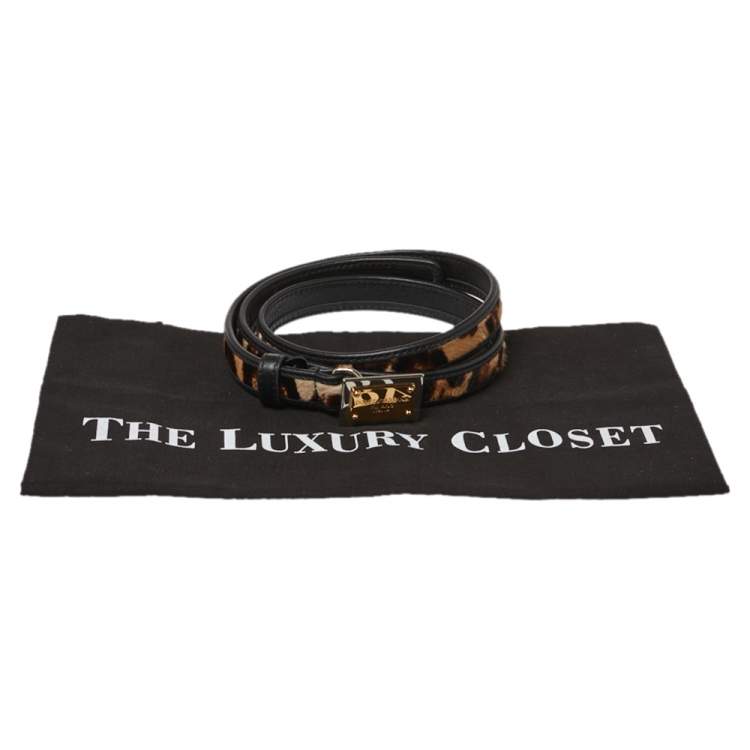 Pre Owned Dolce & Gabbana Brown/Black Calf Hair and Leather Trim Animal Print Narrow Belt 85CM