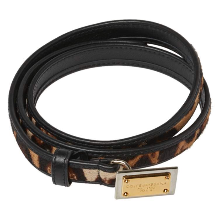 Pre Owned Dolce & Gabbana Brown/Black Calf Hair and Leather Trim Animal Print Narrow Belt 85CM