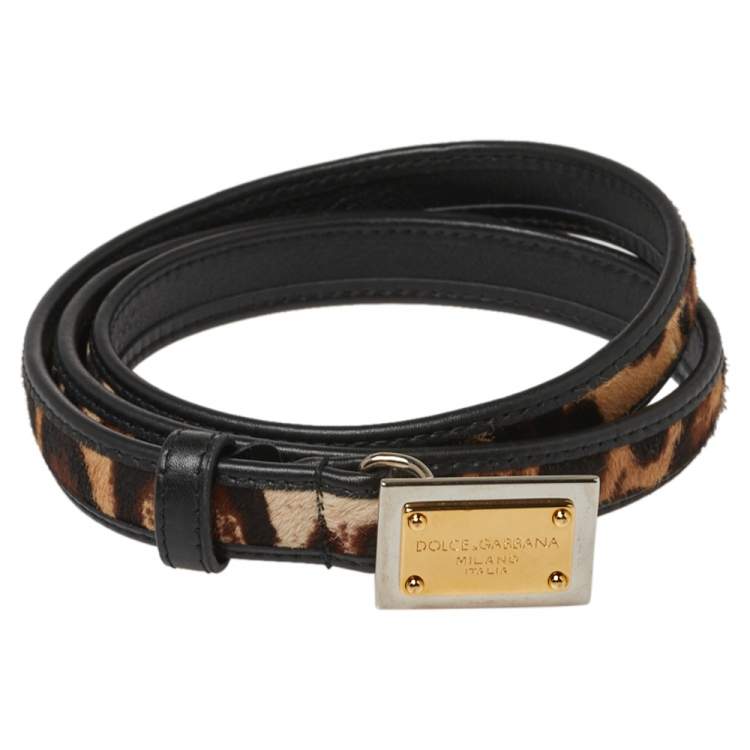 Pre Owned Dolce & Gabbana Brown/Black Calf Hair and Leather Trim Animal Print Narrow Belt 85CM
