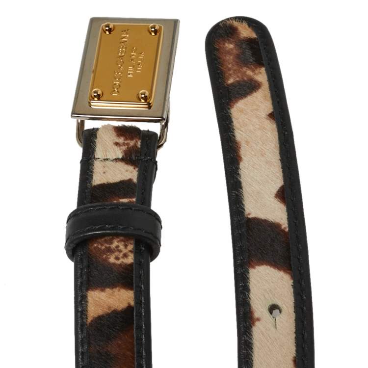 Pre Owned Dolce & Gabbana Brown/Black Calf Hair and Leather Trim Animal Print Narrow Belt 85CM
