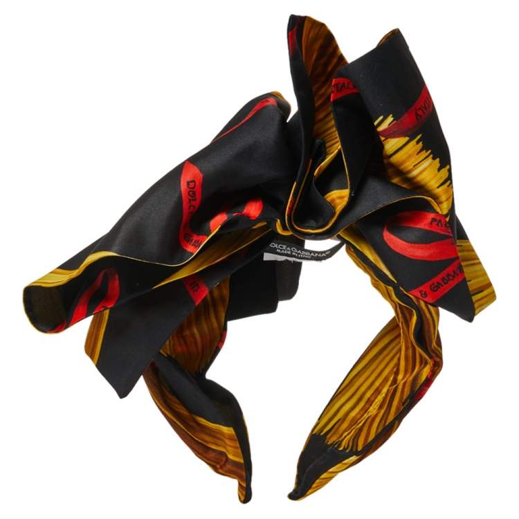 Pre Owned Dolce & Gabbana Black Silk Pasta Print Bow Headband