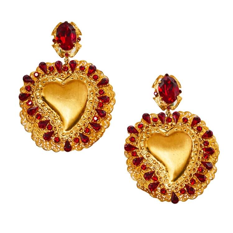 Pre Owned Dolce & Gabbana Red Crystal Sacred Heart Drop Clip On Earrings