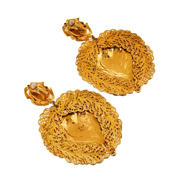 Pre Owned Dolce & Gabbana Red Crystal Sacred Heart Drop Clip On Earrings