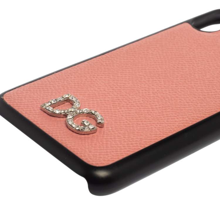 Pre Owned Dolce & Gabbana Pink/Black Leather Crystal Embellished Logo iPhone X Cover