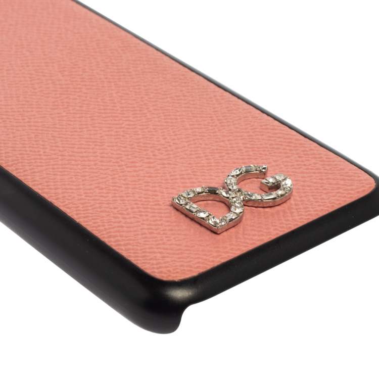 Pre Owned Dolce & Gabbana Pink/Black Leather Crystal Embellished Logo iPhone X Cover