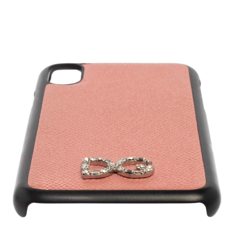 Pre Owned Dolce & Gabbana Pink/Black Leather Crystal Embellished Logo iPhone X Cover