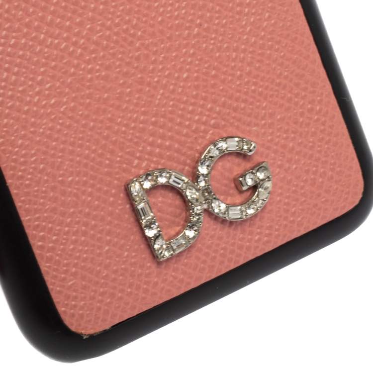 Pre Owned Dolce & Gabbana Pink/Black Leather Crystal Embellished Logo iPhone X Cover