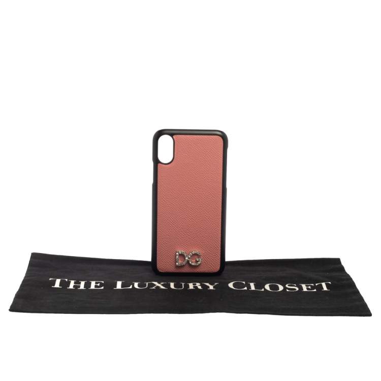 Pre Owned Dolce & Gabbana Pink/Black Leather Crystal Embellished Logo iPhone X Cover