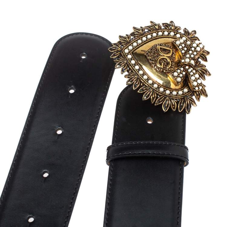 Pre Owned Dolce & Gabbana Black Leather Devotion Heart Buckle Belt 80cm