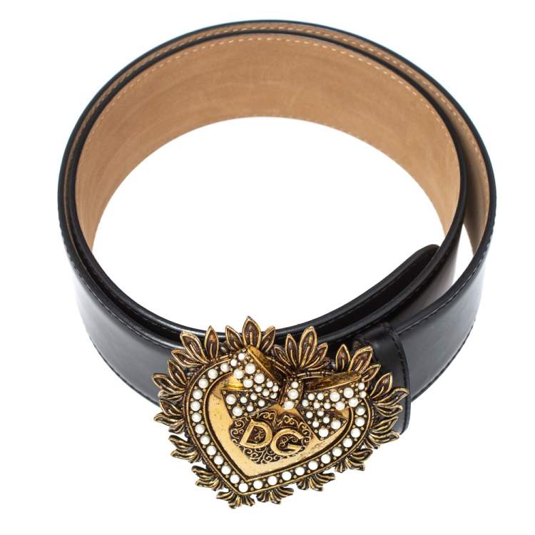 Pre Owned Dolce & Gabbana Black Leather Devotion Heart Buckle Belt 80cm