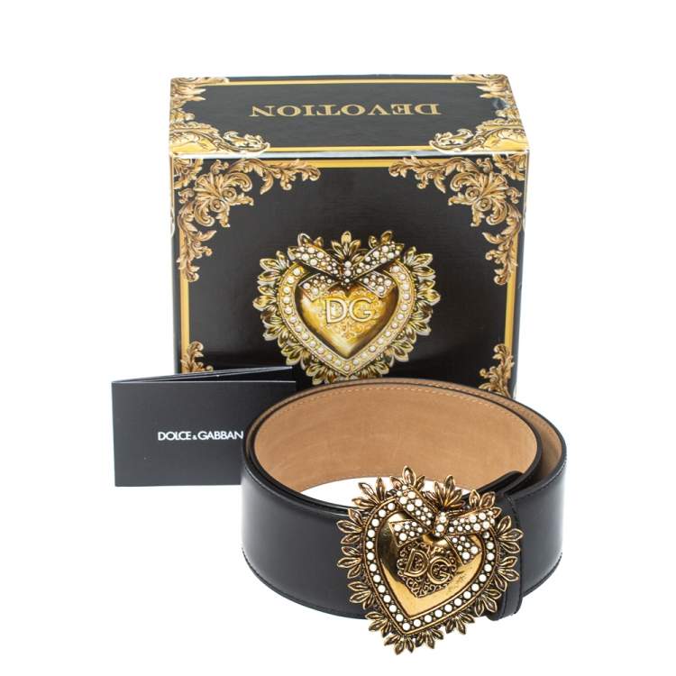 Pre Owned Dolce & Gabbana Black Leather Devotion Heart Buckle Belt 80cm