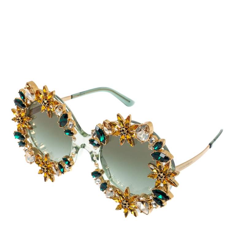 Pre Owned Dolce & Gabbana Crystal Embellished Sunflower/ Green Gradient DG 4369 B-H Round Sunglasses