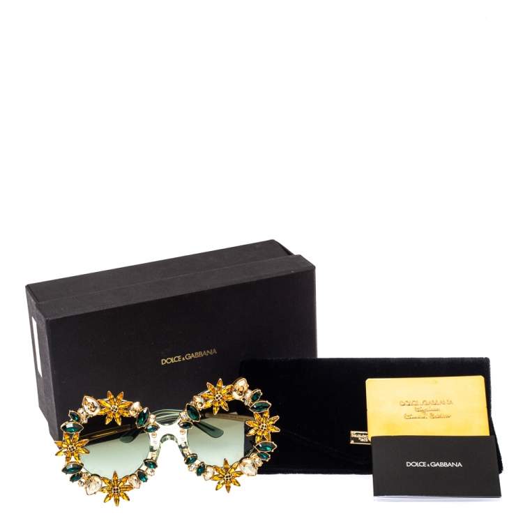 Pre Owned Dolce & Gabbana Crystal Embellished Sunflower/ Green Gradient DG 4369 B-H Round Sunglasses
